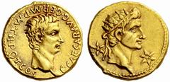 Auction 51 Part I The Roman Empire Gaius, 37 – 41 Aureus, Lugdunum 37-38, AV 7.79 g. C CAESAR AVG GERM P M TR POT COS Bare head of Gaius r. Rev. Radiate head of Augustus (or Tiberius) r., between two 