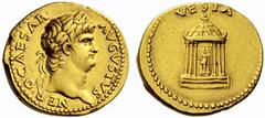 Auction 51 Part I The Roman Empire Nero augustus, 54 – 68 Aureus circa 65-66, AV 7.28 g. NERO CAESAR – AVGVSTVS Laureate head r. Rev. VESTA Domed hexastyle temple; within which, statue of Vesta seated