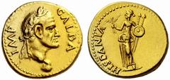 Auction 51 Part I The Roman Empire Galba, 68 – 69 Aureus, Tarraco April to late 68, AV 7.72 g. IMP – GALBA Laureate head r., with globe at point of bust. Rev. HISPANIA Hispania, draped, standing l., h