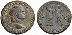 Auction 51 Part I The Roman Empire Vespasian, 69 – 79 Sestertius, Lugdunum 72, Æ 24,62 g. IMP CAES VESPASIAN AVG P M TR P P P COS IIII Laureate head r., with globe at point of the bust. Rev. T IMP AVG
