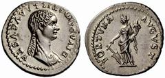 Auction 51 Part I The Roman Empire Diva Domitilla the younger, daughter of Vespasian and sister of Domitian Denarius 82-83, AR 3.53 g. DIVA DOMITILLA AVGVSTA Draped bust r., hair in long plait at back