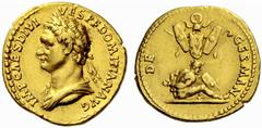 Auction 51 Part I The Roman Empire Domitian augustus, 81 – 96 Aureus 84, AV 7.51 g. IMP CAES DIVI – VESP F DOMITIAN AVG Laureate and draped bust l. Rev. DE – GERMAN Trophy; below, captive seated r., w