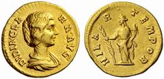 Auction 51 Part I The Roman Empire Didia Clara, daughter of Didius Julianus Aureus March-May 193, AV 6.66 g. DIDIA CLA – RA AVG Draped bust r. Rev. HILA – R – TEMPOR Hilaritas standing l., holding pal