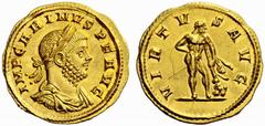 Auction 51 Part I The Roman Empire Carinus augustus, 284 – 285 Aureus 284, AV 4.33 g. IMP CARINVS P F AVG Laureate, draped and cuirassed bust r. Rev. VIRTV – S AVG Hercules standing r., leaning on clu
