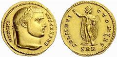 Auction 51 Part I The Roman Empire Maximinus II Daia caesar, 305 – 309 Aureus, Nicomedia circa 307-308, AV 5.39 g. MAXIMI – NVS CAESAR Laureate head r. Rev. SOLI INVI – CTO NK V / L X C Sol standing f