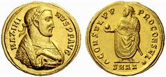 Auction 51 Part I The Roman Empire Maximinus II Daia augustus, 310 – 313 Aureus, Antiochia circa 310-311, AV 5.33 g. MAXIMI – NVS P F AVG Laureate bust r., wearing imperial mantle and extending r. han