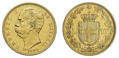 UMBERTO I (1878-1900) 100 Lire 1880, oro gr. 32,23. D/ UMBERTO I – D'ITALIA testa a sinistra, nel taglio del collo, SPERANZA (Filippo Speranza, incisore), in esergo 1880. Rv: Stemma Savoia coronato co