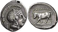 Ancient Greek Coins Campania, The Campani Didrachm circa 415-400, AR 7.65 g. Head of Athena r., wearing crested Athenian helmet decorated with olive wreath. Rev. KAMΠANON Man-headed bull walking l. Sa
