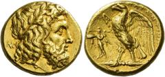 Ancient Greek Coins Calabria, Tarentum Stater after 272, AV 8.57 g. Laureate head of Zeus r.; behind, NK ligate. Rev. TARANTINΩ[N] Eagle standing l. on thunderbolt, with spread wings; at its feet, Ath