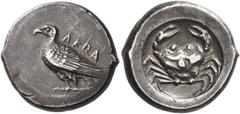 Ancient Greek Coins Sicily, Agrigentum Didrachm circa 495-485, AR 8.45 g. AKRA Eagle standing l., with folded wings. Rev. Crab. SNG Lockett 701. SNG ANS 926. Westermark, Akragas, 152.1 (this coin illu