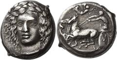 Ancient Greek Coins Catana Tetradrachm signed by Heracleidas circa 405-402, AR 17.32 g. Laureate head of Apollo, facing three-quarters l., his hair falling in loose curls around his face; in field r.,