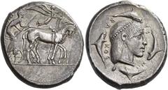 Ancient Greek Coins Syracuse Tetradrachm circa 470, AR 17.32 g. Slow quadriga driven r. by charioteer holding kentron and reins; above, Nike flying r. to crown the horses. Rev. ΣV – RΑ – KΟΣΙ – ΟΝ Ηea