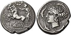 Ancient Greek Coins Syracuse Tetradrachm signed by Eumenos circa 425-413, AR 17.19 g. Prancing quadriga driven l. by charioteer holding kentron and reins; above, Nike flying r. to crown him. In exergu