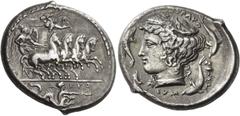 Ancient Greek Coins Syracuse Tetradrachm signed by Euth....and Eumenos circa 405-400, AR 16.43 g. Fast quadriga driven r. by naked and winged young god (Heros) holding reins in both hands; above, Nike