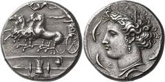 Ancient Greek Coins Syracuse Decadrachm signed by Euainetos circa 400, AR 42.99 g. Fast quadriga driven l. by charioteer, holding reins and kentron; in field above, Nike flying r. to crown him. In exe