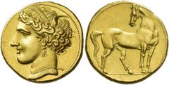 Ancient Greek Coins The Carthaginians in Sicily and North Africa Trihemistater, Carthago circa 270-260, AV 12.47 g. Head of Tanit-Persephone l., wearing barley-wreath, bar and triple pendant earring a