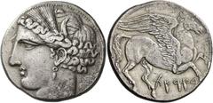 Ancient Greek Coins The Carthaginians in Sicily and North Africa 5 shekels or decadrachm, uncertain mint in Sicily circa 260, AR 38.03 g. Head of Tanit (Kore-Persephone) l., wearing barley wreath and 