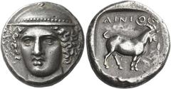 Ancient Greek Coins Aenus Tetradrachm circa 402-399, AR 15.65 g. Facing Head of Hermes, slightly to l., wearing brimless petasus. Rev. AINI – O Goat standing r.; in r. field, corn stalk. All within pa