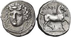 Ancient Greek Coins Larissa Didrachm circa 356-342, AR 12.29 g. Head of the nymph Larissa facing, slightly l., wearing ampyx. Rev. ΛAPI – Σ – AIΩN Bridled horse advancing r. Herrmann 35 and pl. 5, 2. 