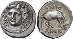 Ancient Greek Coins Larissa Drachm circa 356-342, AR 6.04 g. Head of the nymph Larissa facing, slightly l., wearing ampyx, pendant earring and necklace. Rev. ΛΑΡΙΣ / ΑΙΩΝ Horse r., preparing to roll o
