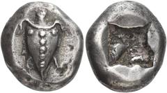 Ancient Greek Coins Islands off Attica, Aegina Stater circa 530-510, AR 12.22 g. Sea turtle, with three dots on collar and row of dots down its back. Rev. Deep incuse square. Dewing 1655. Boston, MFA 