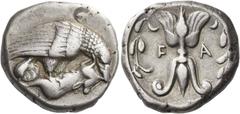 Ancient Greek Coins Elis, Olympia Stater circa 420, 90th Olympiad, AR 11.94 g. Eagle perched r. on dead hare. Rev. F – A Thunderbolt; all within olive wreath. Seltman 141. BCD Olympia 59 (this obverse