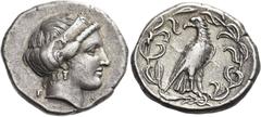 Ancient Greek Coins Elis, Olympia Stater, Hera mint 356, 106th Olympiad, AR 12.15 g. F – A Head of Hera r., wearing stephane ornamented with a palmette and a lily. Rev. Eagle standing r., with closed 