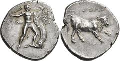 Ancient Greek Coins Phaestus Stater circa 300-270, AR 11.78 g. Heracles advancing r., raising club and fighting Hydra. Rev. ΦAIΣTIΩ[N] retrograde Cretan bull advancing r. Svoronos, Crète 54 and pl. 24