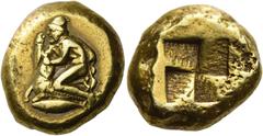 Ancient Greek Coins Mysia, Cyzicus Stater circa 450-400, EL 16.11 g. Naked Kabir wearing pileus and chlamys kneeling l. over ram, which he is about to stab with knife held in r. hand, while holding up
