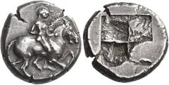 Ancient Greek Coins Erythrai (?) Didrachm circa 500-480, AR 7.02 g. Naked horseman galloping r. Rev. Quadripartite incuse square. Traité II, 480 and pl. XII, 10. SNG Copenhagen 554. Rosen 573 (this co