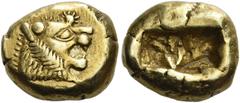 Ancient Greek Coins Kings of Lydia. Alyattes, circa 620/610-560 Third of siglos or Trite, Sardes before 561, EL 4.72 g. Lion's head with open jaws; on forehead, dot with multiple rays. Rev. One incuse
