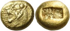 Ancient Greek Coins Kings of Lydia. Alyattes, circa 620/610-560 Third of siglos or Trite, Sardes before 561, EL 4.69 g. Head of lion l. with open jaws; in l. field, falfel in archaic characters. Rev. 