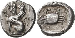 Ancient Greek Coins Dynasts of Lycia, Uncertain, circa 500 – 440 Stater circa 500-440, AR 9.30 g. Sphinx seated l., raising its r. foreleg. Rev. Crab, within an incuse circle. SNG von Aulock 8467. cf.