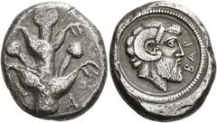 Ancient Greek Coins Cyrenaica, Barce Tetradrachm circa 465, AR 16.33 g. Silphium plant; in lower field, [B] – A. Rev. BAP Head of Zeus Ammon r. Traité 1948 and pl. CCXLIX, 7 (this coin). BMC pl. 33, 1
