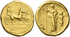 Ancient Greek Coins Cyrene Stater about 435-375, AV 8.59 g. KYPANAION Slow quadriga r. driven by charioteer wearing long chiton and holding reins with both hands. Rev. XAIPEΦ – O – N partially retrogr