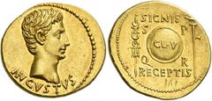 Roman Gold Coins Octavian as Augustus, 27 BC – 14 AD Aureus, Caesaraugusta (?) circa 19-18 BC, AV 7.77 g. AVGVSTVS Bare head r. Rev. SIGNIS / RECEPTIS Aquila on r. and standard on r. flanking S – P / 