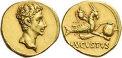 Roman Gold Coins Octavian as Augustus, 27 BC – 14 AD Aureus, Colonia Patricia (?) circa 18-17/16 BC, AV 7.90 g. Bare head r. Rev. Capricorn r., holding globe over rudder; above, cornucopia. Below, AVG