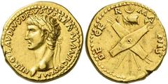 Roman Gold Coins In the name of Nero Claudius Drusus, brother of Tiberius and father of Claudius Aureus circa 41-45, AV 7.69 g. NERO CLAVDIVS DRVSVS GERMANICVS IMP Laureate head l. Rev. DE – GE – R – 