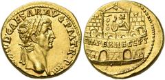 Roman Gold Coins Claudius augustus, 41 – 54 Aureus 45, AV 7.82 g. [TI CL]AVD CAESAR·AVG P M T·R·P IIII Laureate head r. Rev. IMPER RECEPT inscribed on praetorian camp, at the door of which stands Clau