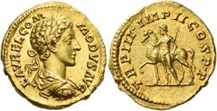 Roman Gold Coins Commodus augustus, 177 – 192 Aureus 178, AV 7.28 g. L AVREL COM – MODVS AVG Laureate, draped and cuirassed bust r. Rev. TR P III IMP II COS P P Castor standing l., holding horse by br