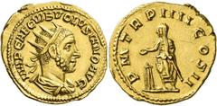 Roman Gold Coins Volusian, 251 – 253 Binio 251-253, AV 5.40 g. IMP CAE C VIB VOLVSIANO AVG Radiate, draped and cuirassed bust r. Rev. P M TR P IIII COS II Emperor standing l., holding sceptre and sacr