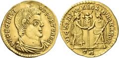 Roman Gold Coins Decentius caesar, 351 – 353 Solidus, Trier 351, AV 3.80 g. D N DECENTI – VS FORT CAES Bare-headed, draped and cuirassed bust r. Rev. VICTORIA CAES LIB'ROMANOR Victory standing r. and 