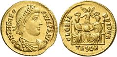 Roman Gold Coins Theodosius I, 379 – 395 Solidus, Thessalonica circa 378-383, AV 4.46 g. D N THEODO – SIVS P F AVG Pearl-diademed, draped and cuirassed bust r. Rev. GLORIA – REIPVB Two emperors, seate