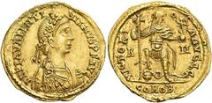 Roman Gold Coins Valentinian III, 425 – 455 Solidus, Roma 440–455, AV 4.43 g. D N PLA VALENTI – NIANVS P F AVG Rosette-diademed, draped and cuirassed bust r. Rev. VICTORI – A AVGGG Emperor standing fa