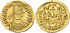 Roman Gold Coins Anthemius, 467 – 472 Solidus 468, AV 4.42 g. D N ANTHE – MIVS P F AVG Helmeted, pearl-diademed and cuirassed bust facing three-quarters r., holding spear and shield with horseman and 