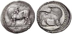 Part I Greek coins Sybaris Nomos circa 530-510, AR 8.03 g. Bull standing l. on dotted exergual line; in upper field r., NSKA. In exergue, MV. Border of dots. Rev. The same type incuse without ethnic. 