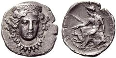 Part I Greek coins Pandosia Drachm circa 340-330, AR 2.05 g. Head of Hera Lacinia facing slightly to r., wearing stephane and necklace. Rev. [ΠAN]ΔOΣIN Naked Pan seated l. on rock, spear behind l. arm