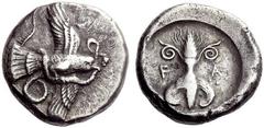 Part I Greek coins Elis Stater circa 450-440, AR 12.27 g. Eagle flying r., grasping snake with its talons and its beak. Rev. F – A Thunderbolt with volutes above and wings below. Seltman –, cf. group 
