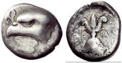 Part I Greek coins Elis Stater signed by Da circa 400, 93rd Olympiad, AR 12.10 g. Eagle’s head l., below, poplar leaf inscribed [ΔΑ]. Rev. F – A Winged thunderbolt flanked by two olive twigs. Jameson 