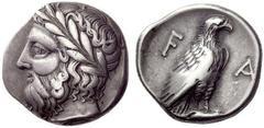 Part I Greek coins Elis Stater circa 360, 105th Olympiad, AR 12.21 g. Laureate head of Zeus l. Rev. F – A Eagle, with wings folded, standing r. on Ionic column capital. SNG Delepierre 2146 var. Seltma